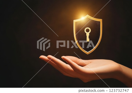 High-Tech Hand Reaching for a Floating Shield Symbolizing Security 123732747