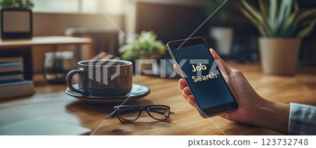 Job Search on Smartphone with Coffee and Glasses Job Search on Smartphone with Coffee and Glasses 123732748