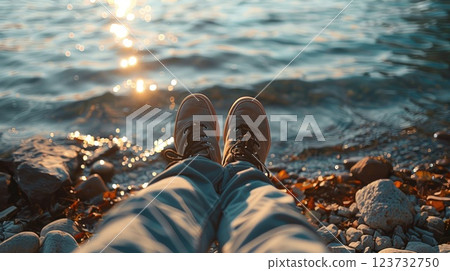 Person laying near water's edge under sunlight reflection, Serene relaxation by the lakeside Person laying near water's edge under sunlight reflection, Serene relaxation by the lakeside 123732750
