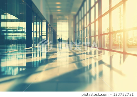 Modern Bright Hallway with Natural Light and Long Shadows in a Contemporary Building Creating an Inviting and Spacious Atmosphere for Visitors and Guests 123732751