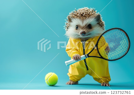 Playful Hedgehog in Sporty Yellow Outfit Holding Tennis Racket with Tennis Ball on Bright Blue Background 123732761