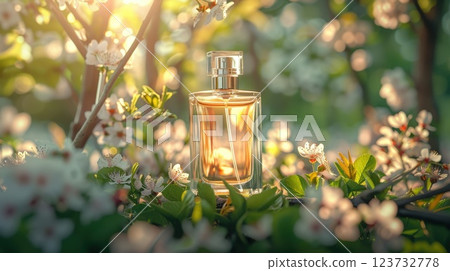 A bottle of perfume is placed on a bed of flowers 123732778