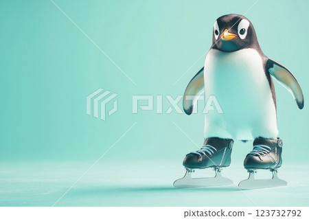 Photorealistic Penguin on Ice Skates in a Vibrant Aquamarine Background, Perfect for Winter Sports Themes Photorealistic Penguin on Ice Skates in a Vibrant Aquamarine Background, Perfect for Winter Sports Themes 123732792
