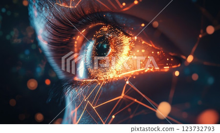 A close up of a person's eye with a glowing orange hue A close up of a person's eye with a glowing orange hue 123732793