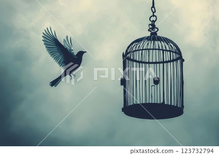 A bird is flying over a cage. Concept of freedom and escape 123732794