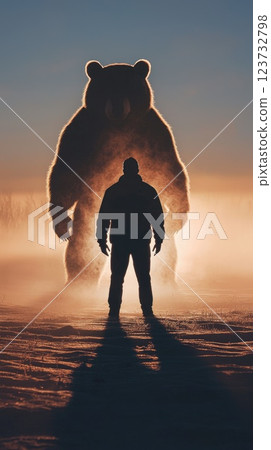 A man stands in front of a bear, which is much larger than him, Concept of danger and fear A man stands in front of a bear, which is much larger than him, Concept of danger and fear 123732798