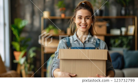 A young female happy smiling employee of moving service in overall standing in the living room of new house holding cardboard boxes in hands A young female happy smiling employee of moving service in overall standing in the living room of new house holding cardboard boxes in hands 123732799