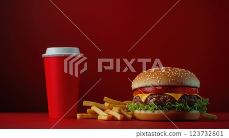 A red background with a burger, fries, and a red cup, Fast food banner 123732801