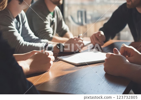 Group Discussion Around Table with Notepad and Pens in Bright, Cozy Office Environment 123732805