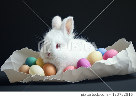 Adorable White Rabbit Nestled Among Colorful Easter Eggs on Dark Background Adorable White Rabbit Nestled Among Colorful Easter Eggs on Dark Background 123732816