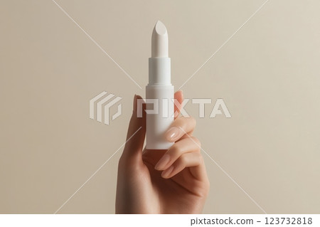 Hand Holding Minimalist Cosmetic Lipstick on Neutral Background Hand Holding Minimalist Cosmetic Lipstick on Neutral Background 123732818