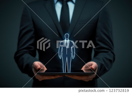 Business Professional Holding Tablet Displaying Virtual Recruiter Concept Business Professional Holding Tablet Displaying Virtual Recruiter Concept 123732819