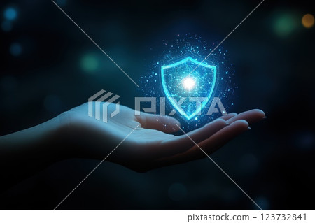 Glowing Blue Shield Emblem in Hand Symbolizing Cybersecurity Concept 123732841