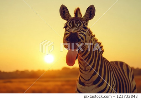 Playful Zebra With Goofy Grin and Tongue Out at Sunset Playful Zebra With Goofy Grin and Tongue Out at Sunset 123732848