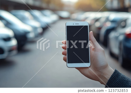 Hand Holding Smartphone in Outdoor Parking Lot with Cars Background Hand Holding Smartphone in Outdoor Parking Lot with Cars Background 123732853