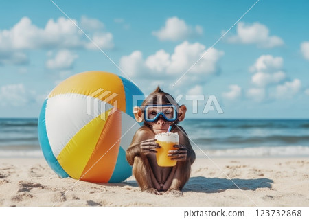 Curious Monkey Wearing Snorkel Mask on Beach with Beach Ball 123732868