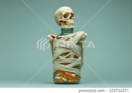 Skeleton Model Wrapped in Bandages Inside Glass Jar with Capsules 123732871