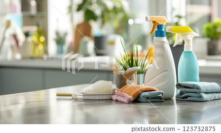 Sparkling professional cleaning services banner with close-up of cleaning supplies on clean countertop in brightly lit room with copy space 123732875