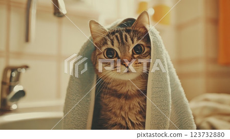 A cat is wrapped in a towel and looking at the camera 123732880