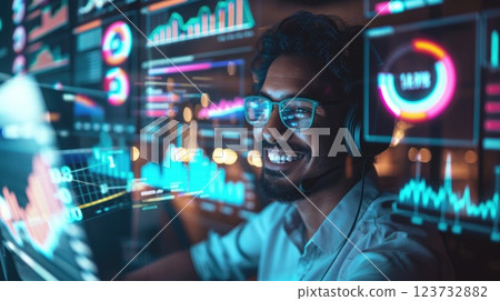 A man wearing glasses and a headset is smiling at a computer screen with many graphs and numbers. Concept of focus and concentration as the man works on his computer 123732882