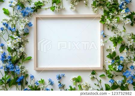 A top view of cute wild blue and white flowers chaotically arranged around empty space for text, framed naturally with a clean white background, minimal and clean mood 123732982