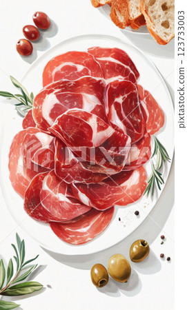 Plate of Jamon Iberico, with melt-in-your-mouth slices and vibrant, rich color, complemented by fresh olives and a drizzle of olive oil, traditional Spanish dish 123733003