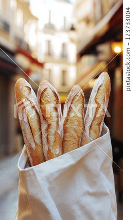 Freshly baked baguettes peeking out of a canvas tote, with a Parisian backdrop of charming cobblestone streets, soft lighting highlighting the inviting warmth and texture of the bread 123733004