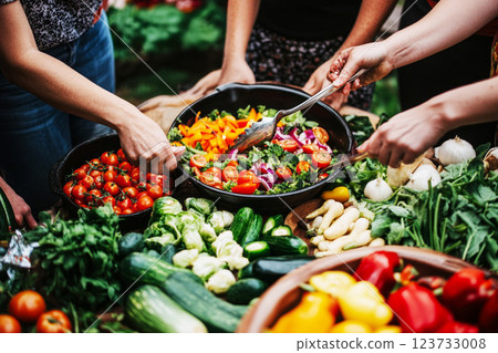 A group of friends enjoying a fresh vegetable salad at a picnic, laughing and sharing, surrounded by nature and joy A group of friends enjoying a fresh vegetable salad at a picnic, laughing and sharing, surrounded by nature and joy 123733008
