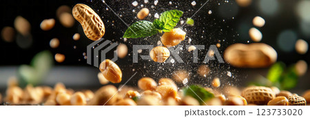 Peanuts suspended in the air, surrounded by salt particles and green basil leaves, captured in warm natural lighting with a dark, elegant background, evoking a sophisticated, appetizing mood, banner Peanuts suspended in the air, surrounded by salt particles and green basil leaves, captured in warm natural lighting with a dark, elegant background, evoking a sophisticated, appetizing mood, banner 123733020
