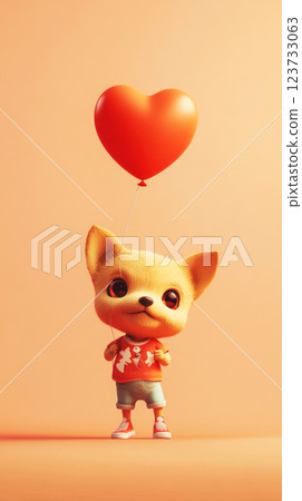 The baby dog, dressed in a fun outfit, holds a heart-shaped balloon with a happy and joyful expression, perfect for a kids story character The baby dog, dressed in a fun outfit, holds a heart-shaped balloon with a happy and joyful expression, perfect for a kids story character 123733063