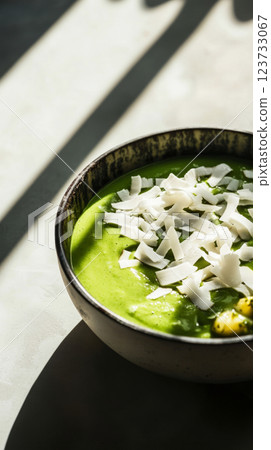 A creamy matcha smoothie bowl topped with a blend of crunchy nuts and sesame seeds, perfect for a nutritious breakfast or snack. The green matcha is complemented by the textured, flavorful toppings 123733067