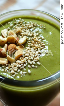 A vibrant matcha smoothie bowl with a nutty sesame garnish is highlighted by soft, natural light. Strong shadows cut through the scene, enhancing the texture of the bowl and the ingredients A vibrant matcha smoothie bowl with a nutty sesame garnish is highlighted by soft, natural light. Strong shadows cut through the scene, enhancing the texture of the bowl and the ingredients 123733084