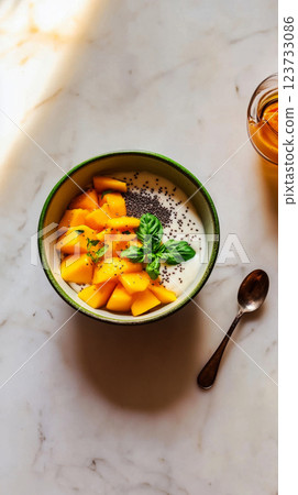 A colorful yogurt bowl topped with ripe mango slices and chia seeds, offering a delicious, wholesome breakfast that's light, fresh, and perfect for morning energy 123733086