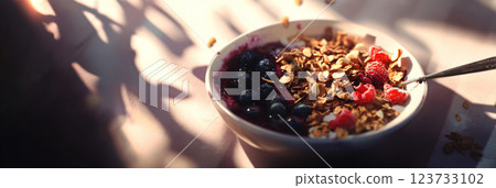 Acai bowl garnished with granola, berries, and almond flakes, served in a clean, minimalist style. The rich colors and textures of the ingredients create a visually appealing, deliciously healthy dish 123733102