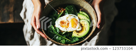The bowl of avocado, poached egg, and spinach is showcased with a focus on its fresh, vibrant ingredients. The woman hands reflect a rustic, organic lifestyle, further highlighted by natural light 123733104