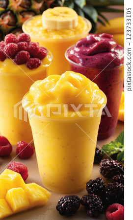 A refreshing close-up of tropical smoothies in colorful glass cups, with vibrant pineapple, banana, and berry flavors, accompanied by a mix of tropical fruits, healthy and tropical indulgence 123733105