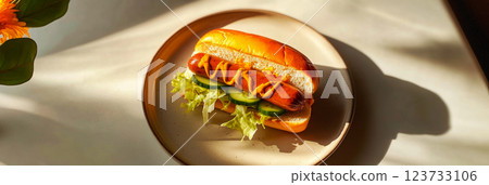 A satisfying hot dog featuring crispy cabbage, juicy sausage, and fresh, crisp vegetables, served with mustard and ketchup, captured with natural light for a fresh, appetizing meal, banner 123733106