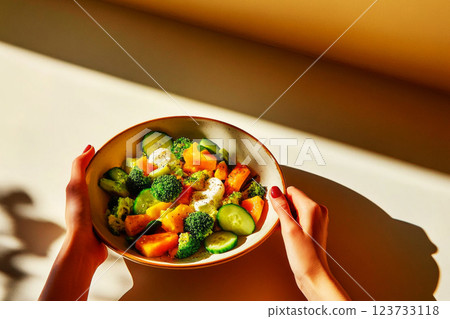 A girl hands holding a fresh salad bowl with avocado, cucumber, broccoli, radish, and mozzarella against a plain wall, emphasizing clean, healthy eating 123733118