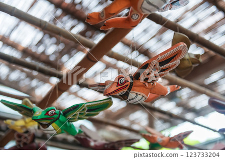 Motion colorful frogs with wings on ceiling, Nyoirinji temple, Ogori 123733204