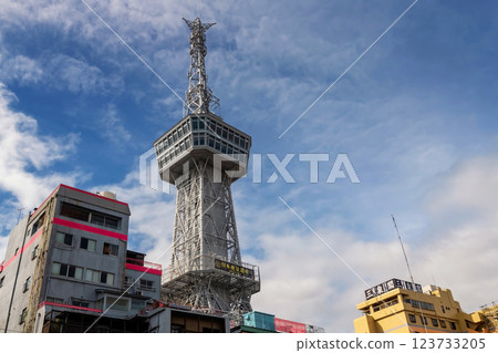 Asahi tower building against blue sky, Beppu, Oita, Kyushu, Japan Asahi tower building against blue sky, Beppu, Oita, Kyushu, Japan 123733205