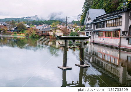 Torii gate over Kinrin Lake by local hotel in springtime, Yufuin, Oita 123733209