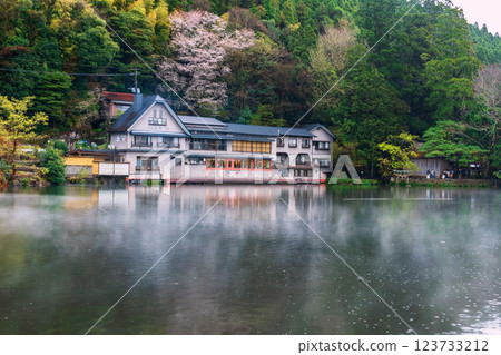 Local hotel with mist and raining at Kinrin lake at spring, Yufu-in 123733212