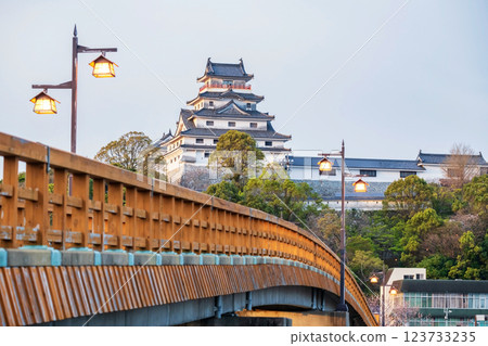 Jyounai bridge with lantern light up and Karatsu castle at sunset, Saga 123733235