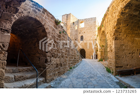 Gate to castle in Kyrenia old harbour without tourists, Northern Cyprus Gate to castle in Kyrenia old harbour without tourists, Northern Cyprus 123733265