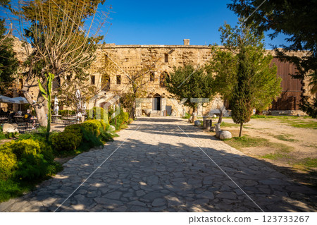 Territory of castle inside in Kyrenia old harbour without tourists, Northern Cyprus 123733267