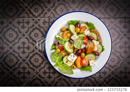 Greek salad with fresh vegetables Greek salad with fresh vegetables 123733278
