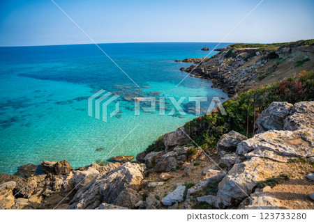 Coastline with a sandy beach and rocky shores near the northeasternmost cape of Northern Cyprus. Crystal-clear waters of a blue lagoon and the untouched beauty of the Mediterranean 123733280