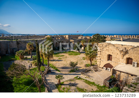 Territory of castle inside in Kyrenia old harbour without tourists, Northern Cyprus 123733289