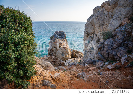 View of Kape Apostolos and Kleides Islands at the very eastern tip of the Karpasia Peninsula in the Turkish Republic of Northern Cyprus. Most easterly point on mainland Cyprus. View of Kape Apostolos and Kleides Islands at the very eastern tip of the Karpasia Peninsula in the Turkish Republic of Northern Cyprus. Most easterly point on mainland Cyprus. 123733292