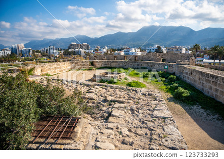 Territory of castle inside in Kyrenia old harbour without tourists, Northern Cyprus Territory of castle inside in Kyrenia old harbour without tourists, Northern Cyprus 123733293